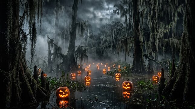 A spooky swamp at night is illuminated by numerous glowing jack-o'-lanterns floating on the dark, misty water, surrounded by gnarled cypress trees.