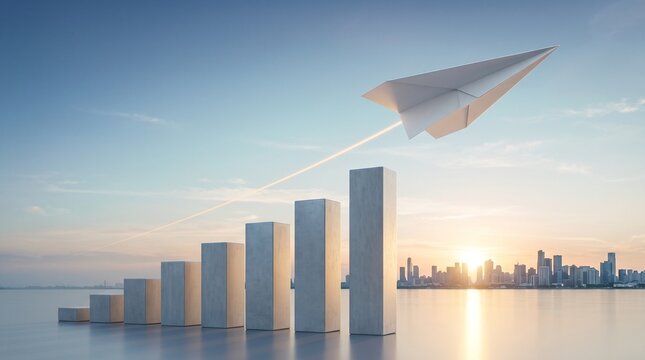 Paper airplane flying upward over business bar charts representing agile corporate growth and startup success
