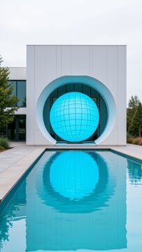 Futuristic building showcasing a glowing blue globe within a circular opening, reflecting in a serene pool
