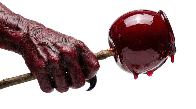 Creepy monster hand holding shiny red candy apple with dripping syrup on transparent background