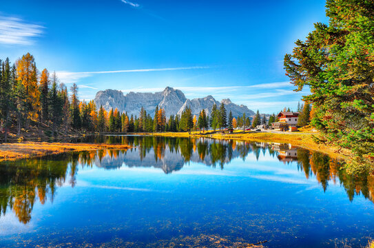 Amazing view of popular travel destination mountain lake Antorno in autumn. Location: Antorno lake, Dolomiti alps, Province of Belluno, Italy, Europe