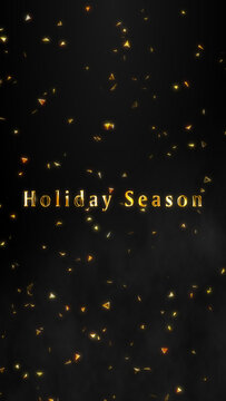 Vertical Luxury Holiday Season Golden Text with Glitter Confetti on Black Background, Christmas and New Year Festive Greeting 4K Animation