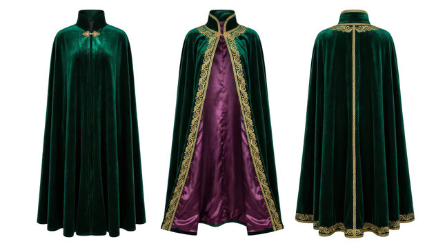 Regal green velvet cloak featuring intricate gold embroidery and purple satin lining displayed on transparent background
