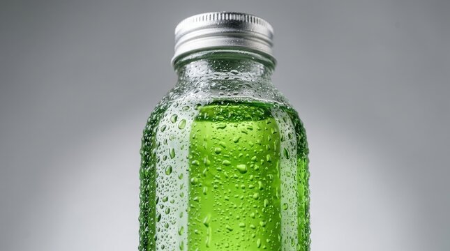 Fresh cold green beverage in a condensation covered glass container with metallic cap isolated on bright minimalist studio background