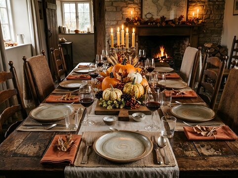 Elegant thanksgiving dinner table with roasted turkey centerpiece