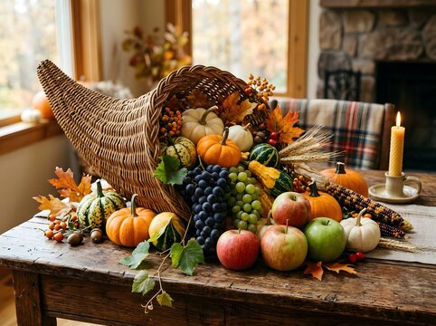 Thanksgiving turkey centerpiece with autumn fruits and vegetables