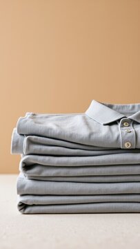 Stacked light grey polo shirts, neatly folded, offering a clean display of men's clothing, textile, and apparel