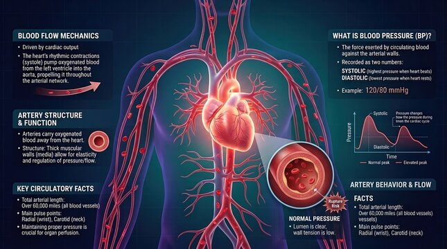 Detailed human circulatory system anatomy and heart function medical infographic for cardiovascular health