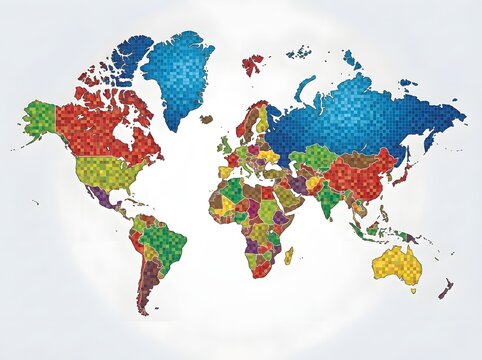 Colorful mosaic world map with distinct country borders and pixel pattern design