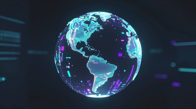 A stunning digital representation of the Earth with glowing continents and vibrant data streams. This modern visualization embodies technology and innovation.