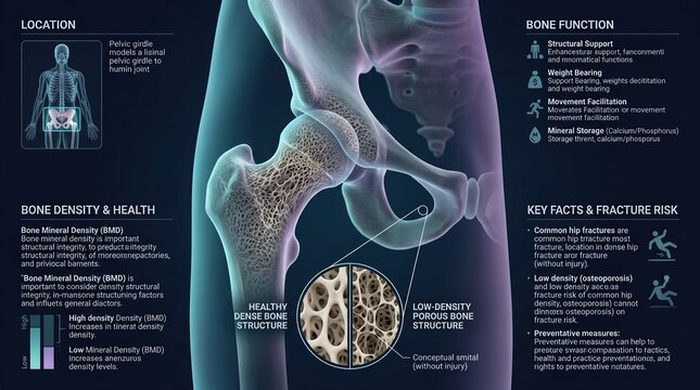 3D medical illustration of human pelvis and femur bone density health and osteoporosis risk factors