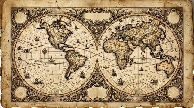 Vintage antique world map with ornate decorative frame