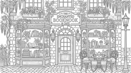 Fototapeta premium Vintage Fairytale Bookstore and Tea Cafe with Climbing Flowers Adult Antistress Coloring Book Page
