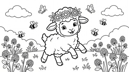 Fototapeta premium Adorable Cartoon Lamb Dancing in Blooming Clover Field with Butterflies Spring Kids Coloring Page