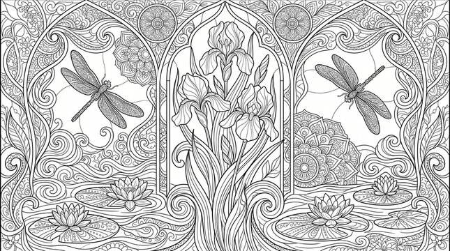 Art Nouveau Stained Glass Pond with Blooming Irises Water Lilies and Dragonflies Adult Coloring Page