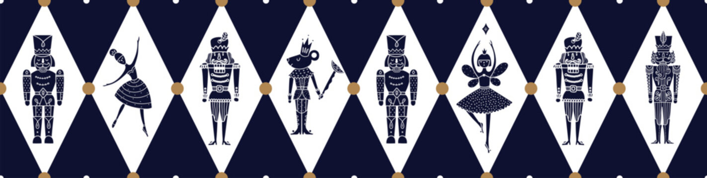 Christmas seamless border pattern with nutcracker, ballerina and mouse king in argyle diamonds. Flat cartoon fairytale repeat frame background for seasonal branding and stationery.
