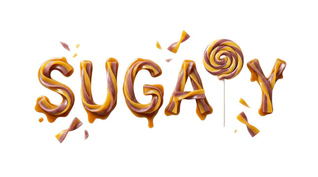 Sugary word made of glossy caramel and purple candy typography with melted drips on transparent background