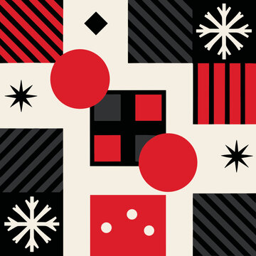 Retro Christmas Geometric Pattern with Snowflakes, Stripes, Circles and Abstract Shapes, Editable Vector Isolated on Transparent Background