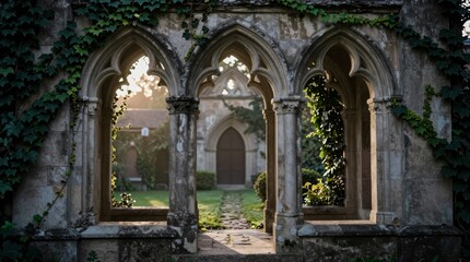 Obraz premium A serene view of an ivy-covered courtyard, showcasing historic stone arches and lush greenery, bathed in gentle sunlight, creating a peaceful atmosphere.