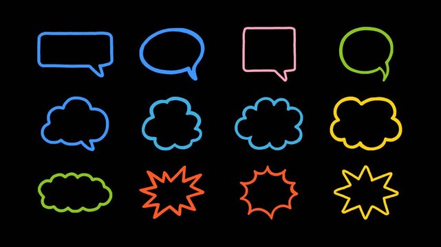 Set of 12 hand drawn speech bubbles drawing on animation
