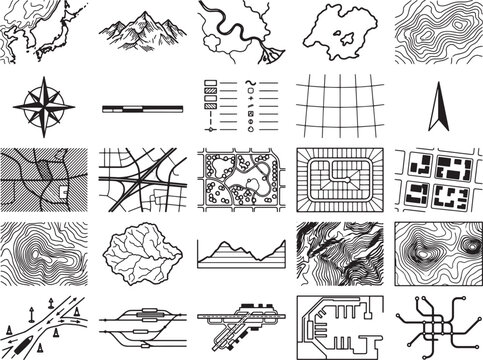A collection of cartographic and geographic illustration symbols, including topographical maps, city plans, river systems, and navigational icons.