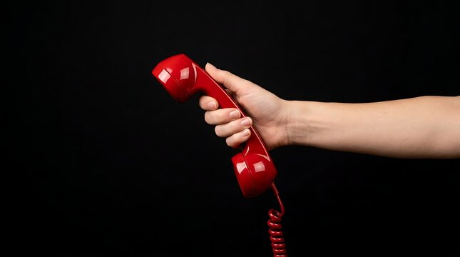 Female hand holding vintage red telephone handset receiver with spiral cord over black background, hotline assistance support customer service call center contact us concept