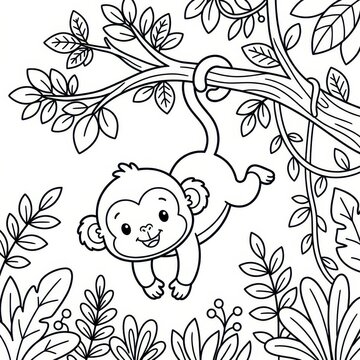 Cute monkey hanging from tree branch coloring page