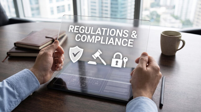 Businessman holding a transparent digital screen showing regulations and compliance text with legal icons over a tablet.