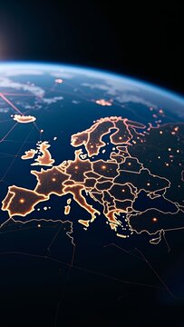 Europe's illuminated map from space showing city lights and a connected network, illustrating global communication