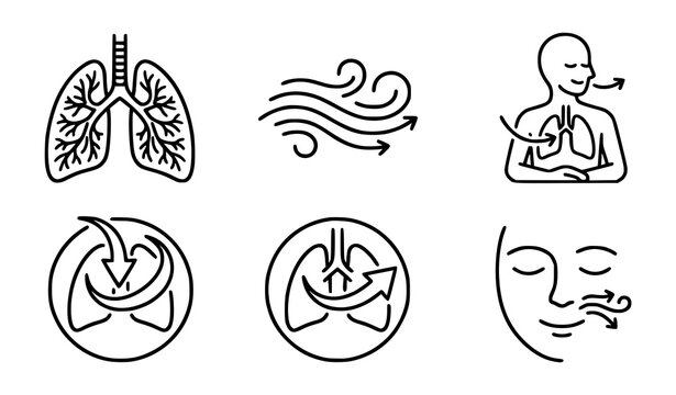 Medical respiratory system icons showing airflow and breathing process with copy space