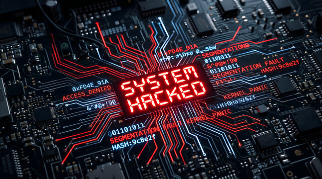 Close-up macro photograph of a dark electronic circuit board featuring glowing red and blue data traces converging on a central display module that shows a bright red system hacked warning message