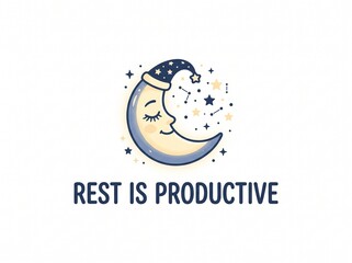 Fototapeta premium Cute cartoon moon character wearing a nightcap with the motivational text Rest Is Productive.