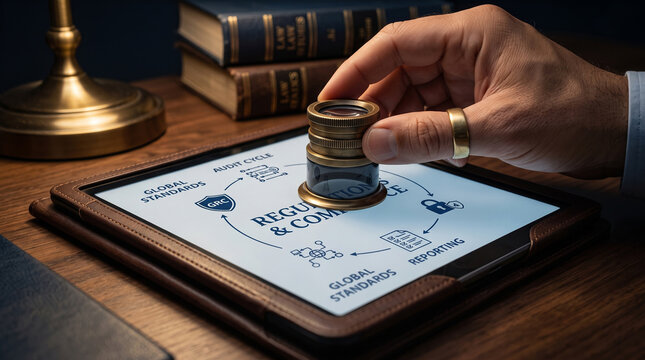 Hand using a brass loupe magnifier on a digital tablet to inspect GRC, regulation, and global standards compliance.