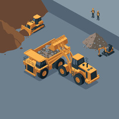 Clean Isometric of Heavy Construction Machinery at Work in an Open Pit Mine with Workers with high quality professional line art symbols for modern creative design and digital branding projects © ahmad