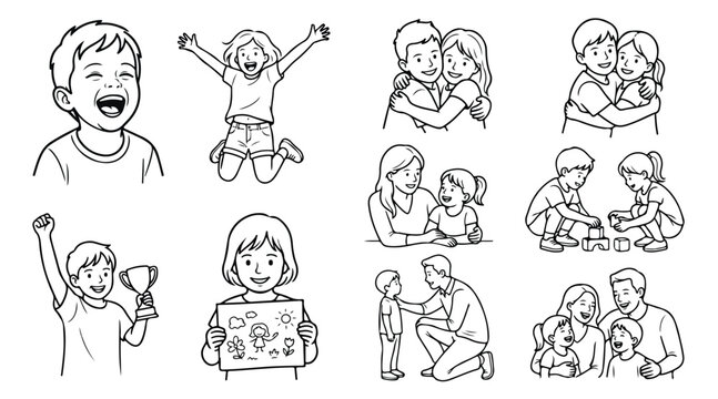 Cute Children Line Art Vector Set, Happy Kids and Family Line Drawing Clipart, Black and White Outline Doodles for Education Coloring Pages