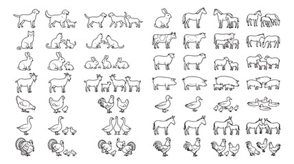Obraz premium Minimalist farm animal line art icons, black outline pets and livestock vector illustration set, domestic animal family icons for logo design