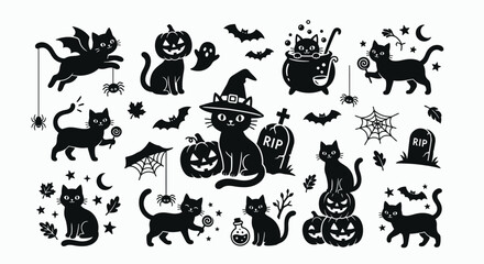 Obraz premium Halloween themed silhouettes of cats pumpkins and bats on a white background
