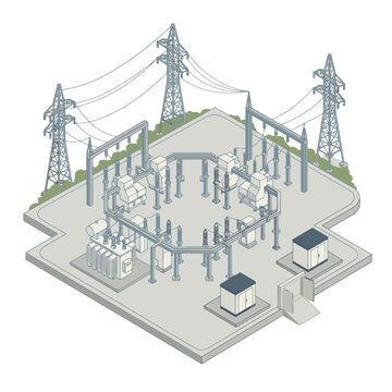 Minimalist Isometric of Electrical Substation with Transformers Power Lines and Control Buildings