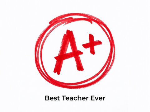 A plus grade symbol with text best teacher ever written in red ink.