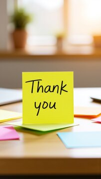 Yellow sticky note displaying handwritten Thank you message on desk, showing gratitude and appreciation