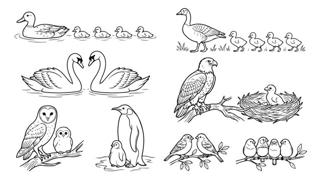 Cute bird family line art vector set, vintage black and white animal illustrations, duck swan owl penguin drawing collection