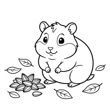 Cute hamster coloring page with seeds and leaves