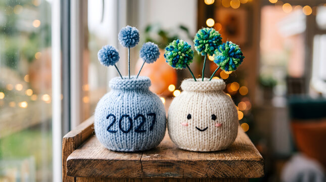 Two handmade knitted decorative objects resting on a wooden ledge, featuring a blue vase with embroidered 2027 and blue pom-poms next to a white vase with a smiley face and pom-poms, with bokeh