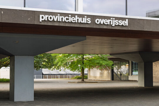Zwolle, Netherlands - 23 August 2026 - Front facade and entrance structure of the Provinciehuis Overijssel government building in Zwolle.