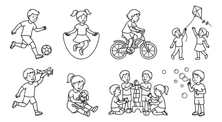 Obraz premium Kids Outdoor Activities Coloring Pages Set, Black and White Line Art Vectors of Children Playing, Children Sports Clipart