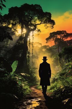 Pop-art style illustration of the dense Amazon rainforest, towering jungle trees with sprawling canopies rendered as rich dark silhouettes, bold gradient sky transitioning from deep emerald green at t