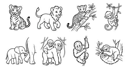 Obraz premium Cute jungle animals coloring page vector set, black and white baby safari animal line art illustrations, wild animal outlines for kids activity