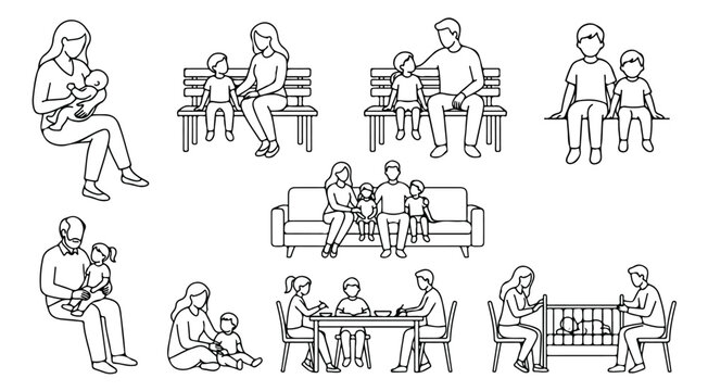 Minimalist family line art vector icons, sitting parents and children illustrations, black outline architectural entourage figures