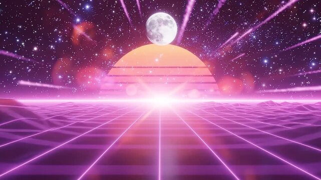 Purple glowing neon wireframe background. Futuristic perspective grid. Cyberpunk game or video space. Virtual reality. Cyberspace and metaverse. Retro futurism style illustration
