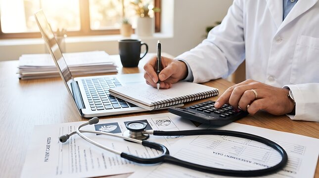 Doctor calculating medical expenses and writing patient notes with stethoscope and laptop